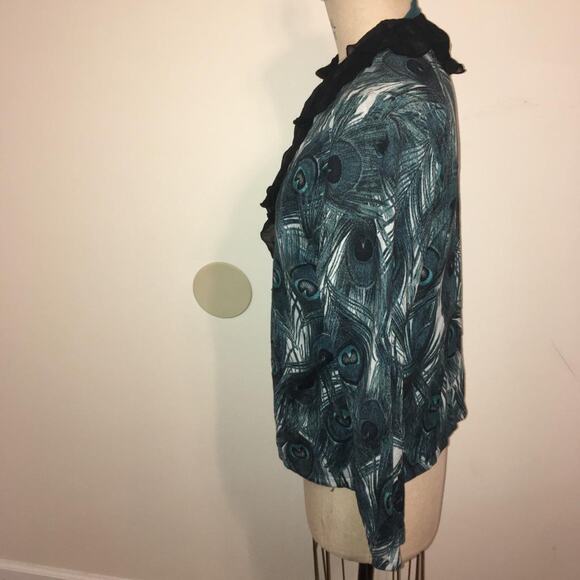 Anne Klein Peacock Print Silk-Cotton-Nylon Ruffle Neck Cardigan Sweater 0X NWT - Picture 2 of 10
